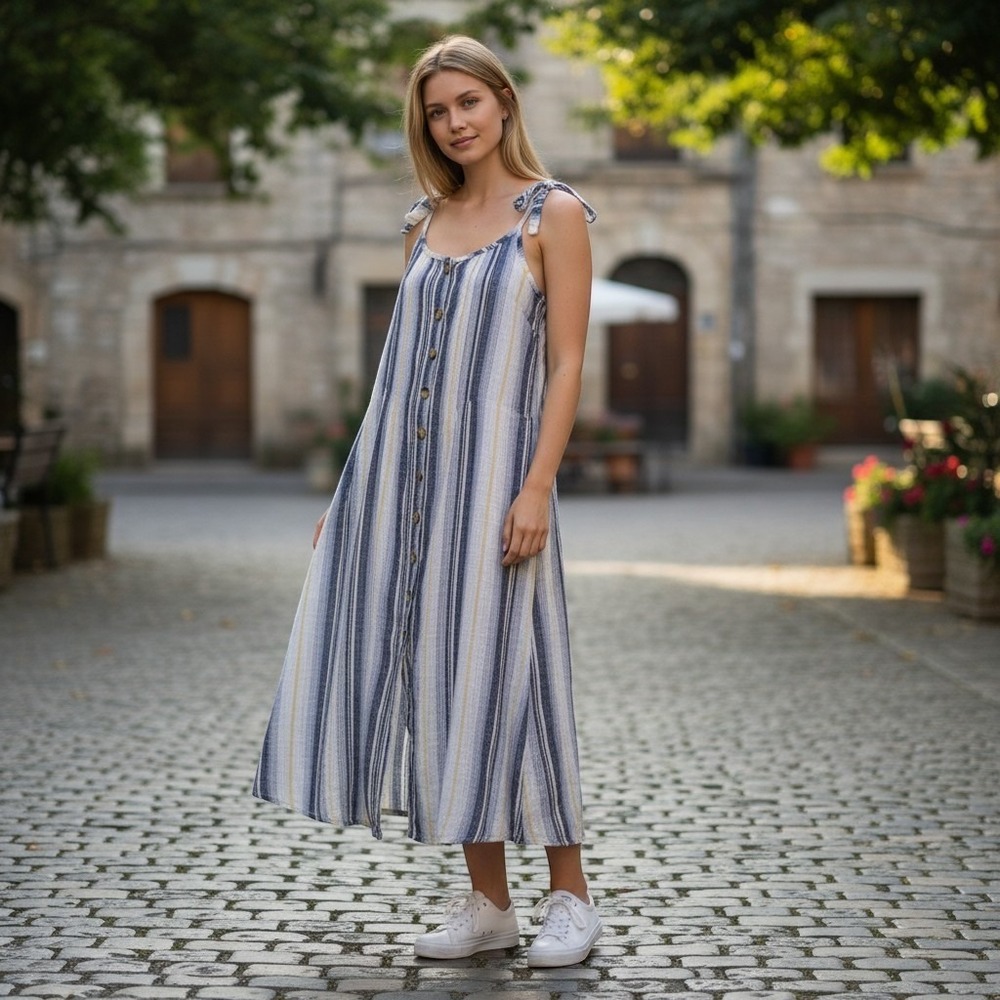 Club Z Collection Women XL Multicolor Stripe Cotton Gauze Button Maxi Dress